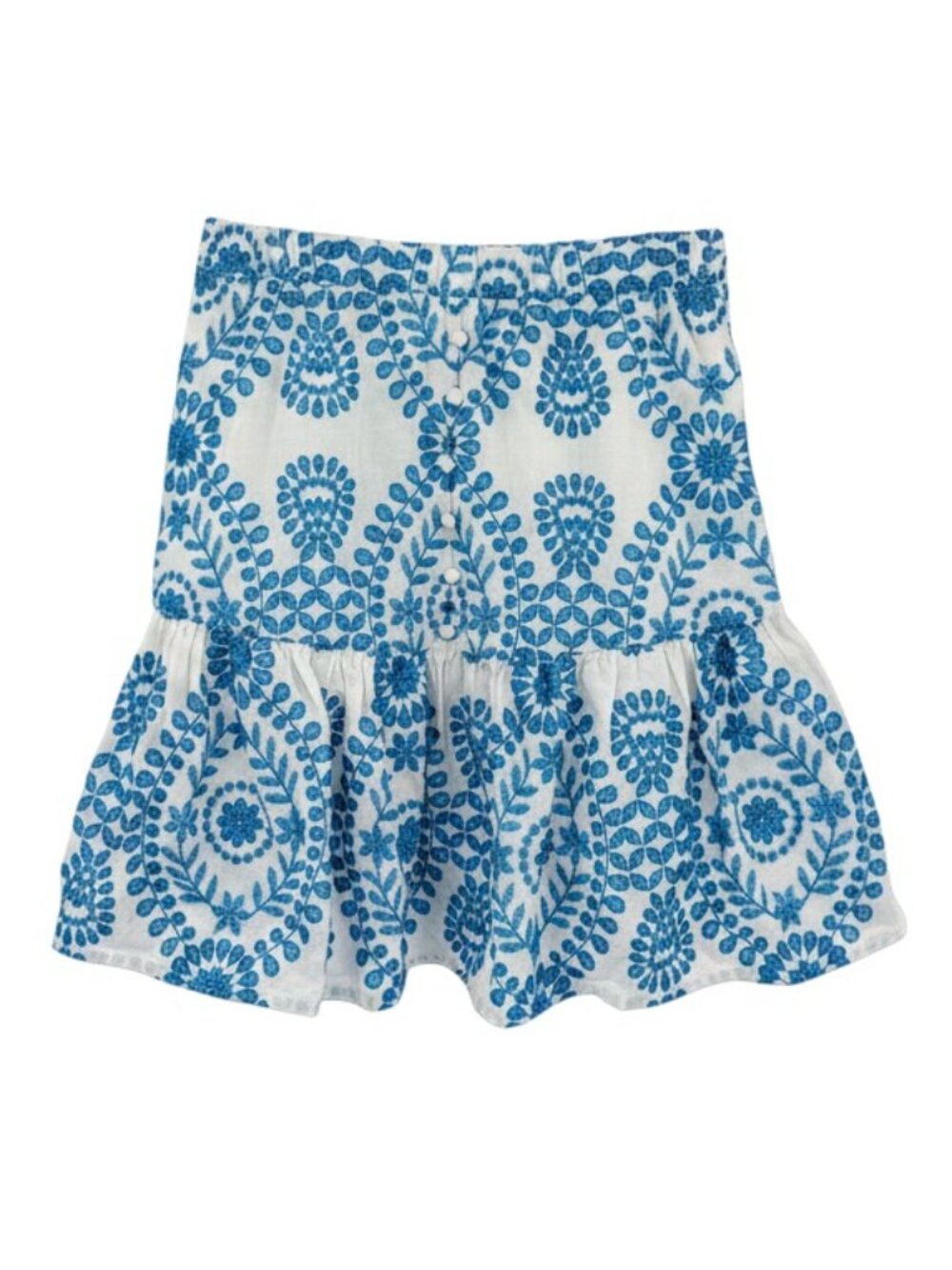 Endless Rose Embroidered Mini Skirt XS White Blue Eyelet Ruffle Tiered Cotton EU